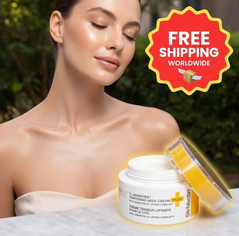 K&ouml;nnte beinhalten: Ein wei&szlig;es Glas TL Advanced Tightening Neck Cream Plus mit gelbem Deckel, neben einer Frau mit geschlossenen Augen. Das Glas hat Text in Englisch und Franz&ouml;sisch. Ein rot-gelbes Schild im Hintergrund zeigt "FREE SHIPPING WORLDWIDE."