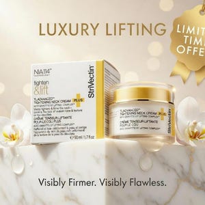 K&ouml;nnte beinhalten: Werbung f&uuml;r Strivectin TlAdvanced Tightening Neck Cream Plus. Das Bild zeigt ein Glas und eine Schachtel des Produkts mit den Worten &bdquo;Luxury Lifting&ldquo; und &bdquo;Limited Time Offer&ldquo;. Die Verpackung ist wei&szlig; und gelb. Wei&szlig;e Orchideen sind auf beiden Seiten platziert.