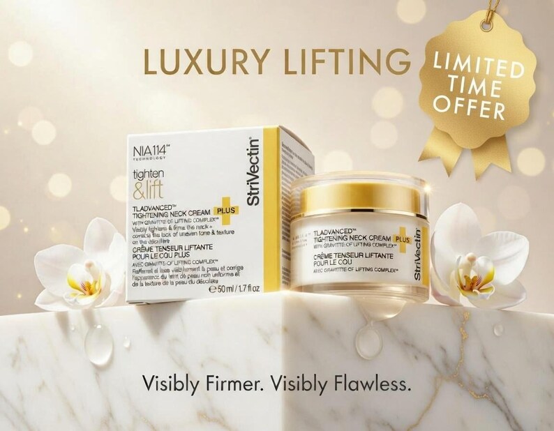 K&ouml;nnte beinhalten: Werbung f&uuml;r Strivectin TlAdvanced Tightening Neck Cream Plus. Das Bild zeigt ein Glas und eine Schachtel des Produkts mit den Worten &bdquo;Luxury Lifting&ldquo; und &bdquo;Limited Time Offer&ldquo;. Die Verpackung ist wei&szlig; und gelb. Wei&szlig;e Orchideen sind auf beiden Seiten platziert.