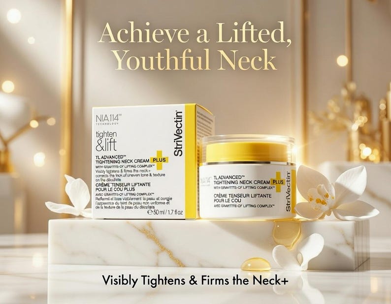 K&ouml;nnte beinhalten: Werbung f&uuml;r TL Advanced Tightening Neck Cream Plus, die ein Glas und eine Schachtel des Produkts zeigt. Die Verpackung ist wei&szlig; und gelb, mit dem Markennamen Strivectin. Der Text lautet &bdquo;Erzielen Sie einen gelifteten, jugendlichen Hals&ldquo; und &bdquo;Strafft und festigt den Hals sichtbar&ldquo;.