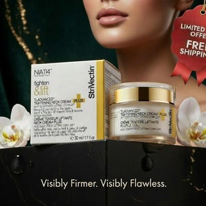 K&ouml;nnte beinhalten: Werbung f&uuml;r TLadvanced Tightening Neck Cream Plus, mit einem Tiegel und einer Schachtel des Produkts. Die Creme wird mit wei&szlig;en Blumen und dem Text "Visibly Firmer. Visibly Flawless." pr&auml;sentiert. Ein rotes Etikett lautet "Limited Time Offer FREE SHIPPING."