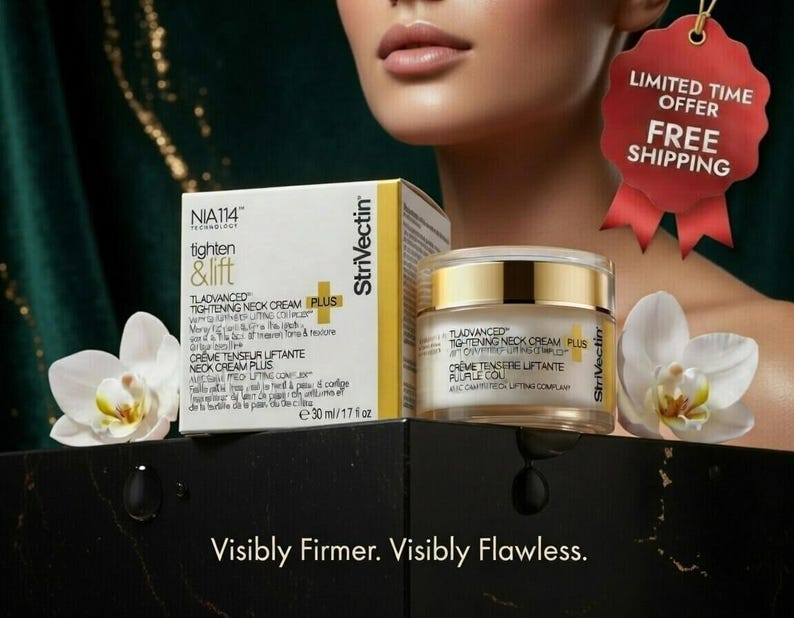 K&ouml;nnte beinhalten: Werbung f&uuml;r TLadvanced Tightening Neck Cream Plus, mit einem Tiegel und einer Schachtel des Produkts. Die Creme wird mit wei&szlig;en Blumen und dem Text "Visibly Firmer. Visibly Flawless." pr&auml;sentiert. Ein rotes Etikett lautet "Limited Time Offer FREE SHIPPING."