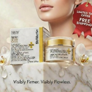 K&ouml;nnte beinhalten: Ein Tiegel und eine Schachtel Strivectin TL Advanced Tightening Neck Cream Plus. Die Creme befindet sich in einem transparenten Tiegel mit goldenem Deckel. Die Schachtel ist wei&szlig; und gelb mit Produktname und Details.