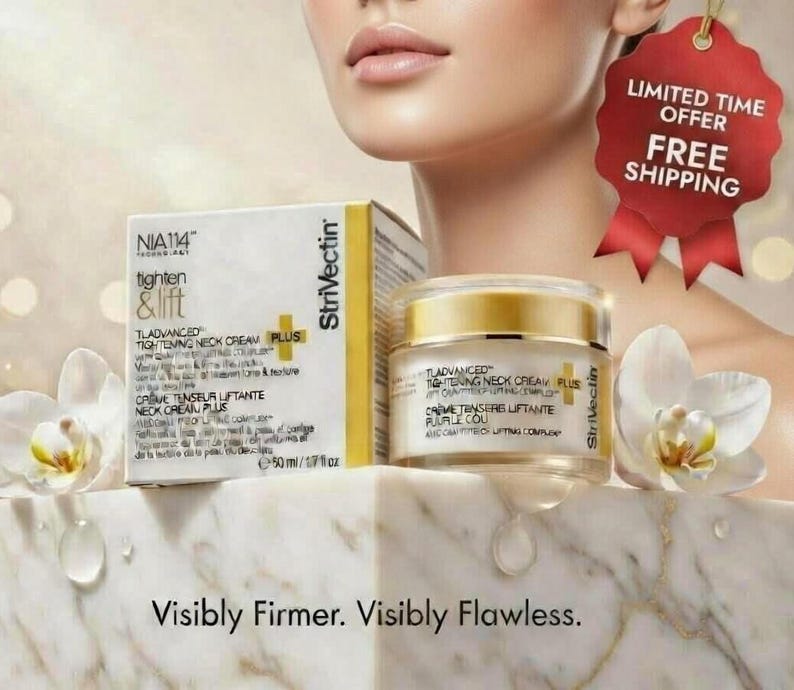 K&ouml;nnte beinhalten: Ein Tiegel und eine Schachtel Strivectin TL Advanced Tightening Neck Cream Plus. Die Creme befindet sich in einem transparenten Tiegel mit goldenem Deckel. Die Schachtel ist wei&szlig; und gelb mit Produktname und Details.