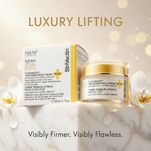K&ouml;nnte beinhalten: Werbung f&uuml;r Tladvanced Tightening Neck Cream Plus, mit einem Tiegel und einer Schachtel des Produkts. Das Bild zeigt wei&szlig;e Orchideen und den Text &bdquo;Luxury Lifting&ldquo; und &bdquo;Visibly Firmer. Visibly Flawless.&ldquo;