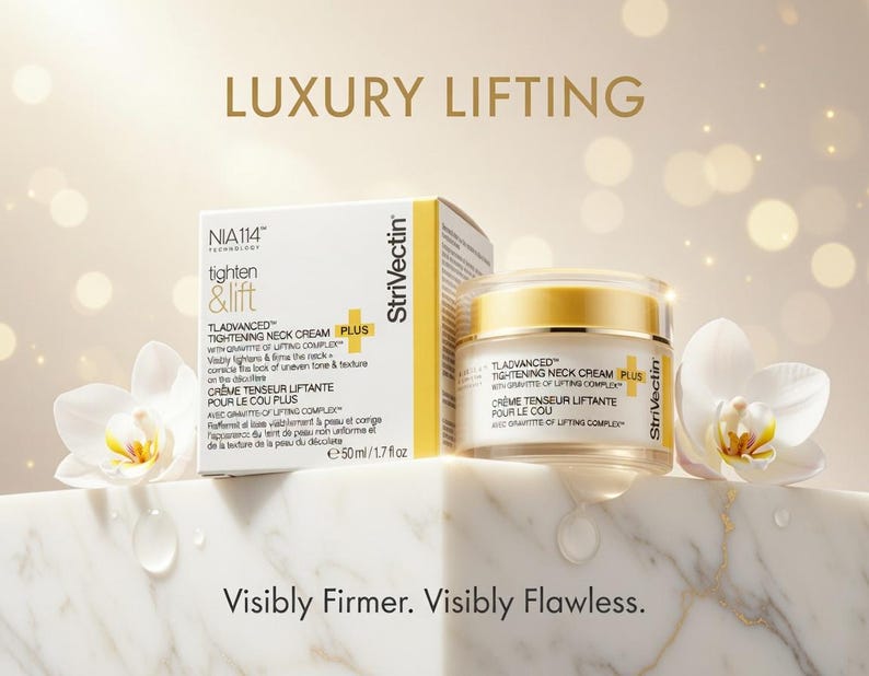 K&ouml;nnte beinhalten: Werbung f&uuml;r Tladvanced Tightening Neck Cream Plus, mit einem Tiegel und einer Schachtel des Produkts. Das Bild zeigt wei&szlig;e Orchideen und den Text &bdquo;Luxury Lifting&ldquo; und &bdquo;Visibly Firmer. Visibly Flawless.&ldquo;
