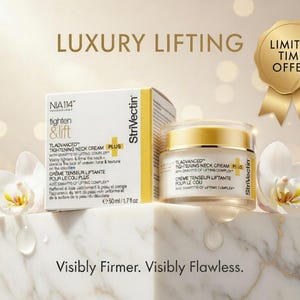 K&ouml;nnte beinhalten: Werbung f&uuml;r TlAdvanced Tightening Neck Cream Plus, mit einem Tiegel und einer Schachtel des Produkts. Das Bild zeigt wei&szlig;e Orchideen, den Text &bdquo;Luxury Lifting&ldquo; und ein &bdquo;Limited Time Offer&ldquo;-Abzeichen. Das Produkt ist 50 ml.