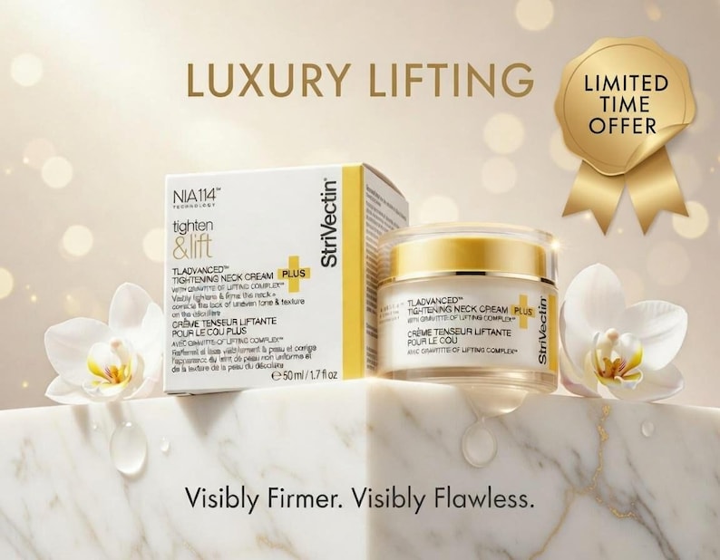 K&ouml;nnte beinhalten: Werbung f&uuml;r TlAdvanced Tightening Neck Cream Plus, mit einem Tiegel und einer Schachtel des Produkts. Das Bild zeigt wei&szlig;e Orchideen, den Text &bdquo;Luxury Lifting&ldquo; und ein &bdquo;Limited Time Offer&ldquo;-Abzeichen. Das Produkt ist 50 ml.