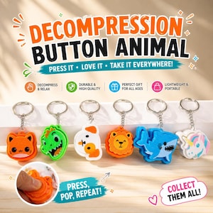 3D Printed Cute Animal Pop It Keychain, Fidget Button Sensory Toy, Kawaii Backpack Charm for Kids & Adults