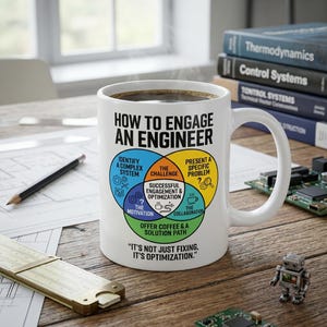 Pode incluir: Uma caneca de cerâmica branca com um gráfico de diagrama de Venn colorido intitulado HOW TO ENGAGE AN ENGINEER. O diagrama inclui etiquetas de texto como THE CHALLENGE, THE MOTIVATION e THE COLLABORATION, com a citação IT'S NOT JUST FIXING, IT'S OPTIMIZATION.