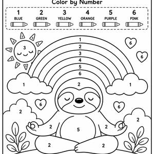 May include: A black and white color-by-number activity sheet titled I CAN STAY CALM. It features a sloth meditating, a rainbow, a sun, and hearts. A legend maps numbers 1-6 to blue, green, yellow, orange, purple, and pink. Text reads It's okay to take a break and breathe.