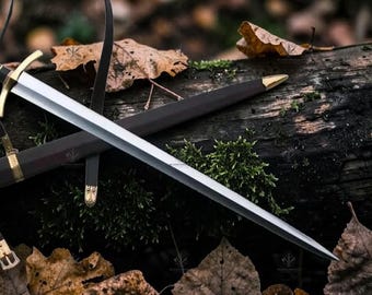 Medieval Knight Sword with Brass Guard & Leather Scabbard – Handforged Carbon Steel Arming Sword