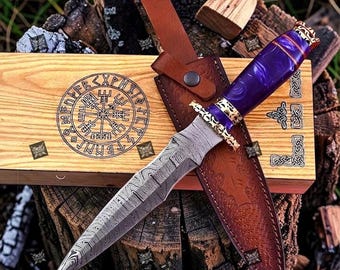 Hand Forged Damascus Steel Athame Dagger | Custom Engraved Knife Gift for Him | Handmade Decorative Ritual Knife | Unique Anniversary Gift