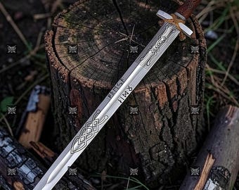 Hand Forged Viking Sword | Runic Engraved Stainless Steel Blade, Rosewood Grip, Medieval Decor