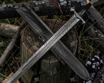 Hand Forged Damascus Viking Sword | Firestorm Pattern Blade, 32.75" Display Sword