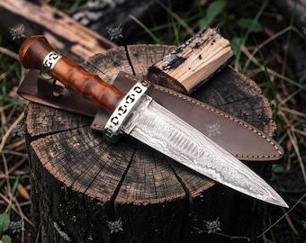 Hand Forged Damascus Knife | Decorative Fixed Blade with Leather Sheath | Artisan Crafted Gift for Men