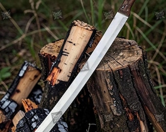 Hand Forged Deer Engraved Sword | Damascus Steel Woodland Wall Decor (Wooden Scabbard)