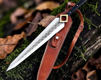 Handmade Medieval Dagger with Leather Scabbard – Engraved Blade & Brass Guard