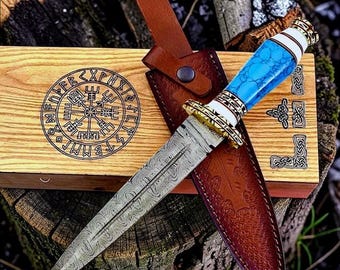 Hand Forged Damascus Steel Athene Dagger | Viking Fantasy Ritual Knife | Turquoise Handle Dagger with Sheath | Gothic Decor Gift for Him