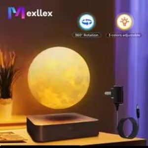 May include: A levitating moon lamp featuring a spherical, textured surface that glows with a warm yellow light. The lamp hovers above a square, dark-colored base. Included are a power adapter and a black cord. Text reads Mexllex, 360 Rotation, 5 colors adjustable.