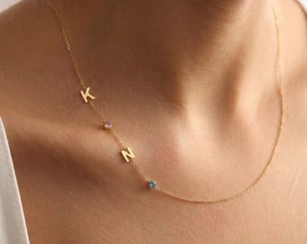 Sideways Initial Birthstone Necklace, Multiple Letter Gold Plated Necklace, Personalized Initial Name Jewelry, Custom Gift for Her