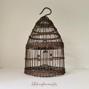 May include: A dark brown wire birdcage with a dome-shaped top and a curved hanging hook. The structure features vertical wire bars reinforced by horizontal bands and small decorative wire scrolls. The text hethofvansteencuriosities is visible.