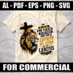 May include: A cream-colored t-shirt featuring a graphic of a lion's head in profile next to a black cross. The text reads: NO ES POR FUERZA NI POR PODER SINO POR EL ESPÍRITU DEL SEÑOR DE LOS EJÉRCITOS ZACARÍAS 4:6. The design includes black and gold ink.