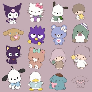 Puede incluir: Una colecci&oacute;n de personajes de dibujos animados, incluyendo un gato blanco con un lazo rosa, un diablo morado, un oso marr&oacute;n con un lazo verde y un ping&uuml;ino azul con pajarita y gorro de marinero. Cada personaje est&aacute; en una pose diferente.