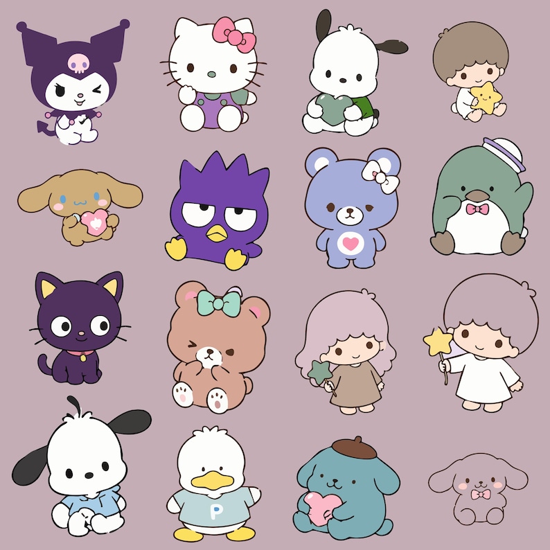 Puede incluir: Una colecci&oacute;n de personajes de dibujos animados, incluyendo un gato blanco con un lazo rosa, un diablo morado, un oso marr&oacute;n con un lazo verde y un ping&uuml;ino azul con pajarita y gorro de marinero. Cada personaje est&aacute; en una pose diferente.