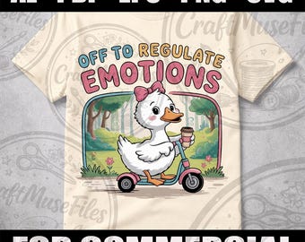 Imagen PNG de un ganso regulando sus emociones, gráfico de una scooter y una cafetera, humor sobre salud mental (descarga digital).