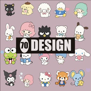 May include: A selection of 20 cartoon character designs on a lilac background. The characters include a black cat, a yellow dog, a white sheep, a blue duck, and a girl with a star wand. The image has the text "70 DESIGN".