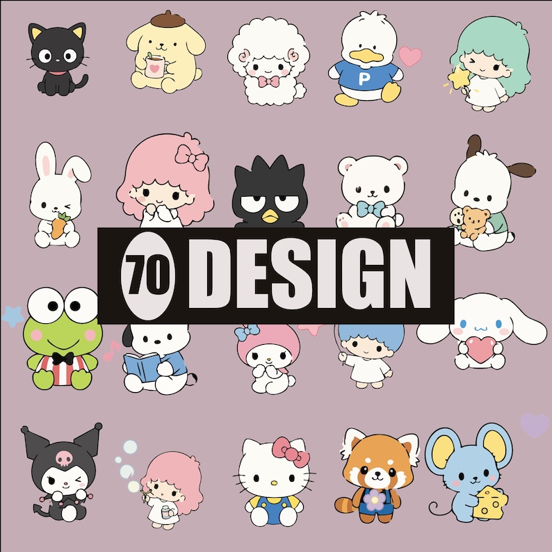 Puede incluir: Una colecci&oacute;n de 20 dise&ntilde;os de personajes de dibujos animados sobre un fondo lavanda. Los personajes incluyen un gato negro, un perro amarillo, una oveja blanca, un pato azul y una ni&ntilde;a con una varita de estrella. La imagen tiene el texto "70 DESIGN".