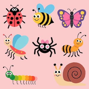 Op de afbeelding: Een verzameling cartoon insecten op een roze achtergrond. De insecten omvatten een lieveheersbeestje, een bij, een vlinder, een libelle, een spin, een mier, een rups en een slak. Elk insect heeft een lachend gezicht en is felgekleurd.