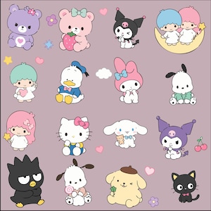 Puede incluir: Ilustraciones de personajes de dibujos animados sobre un fondo lavanda. Los personajes incluyen osos, patos, gatos y otras figuras lindas. Cada personaje est&aacute; dibujado con contornos audaces y colores brillantes, con corazones y estrellas esparcidos.