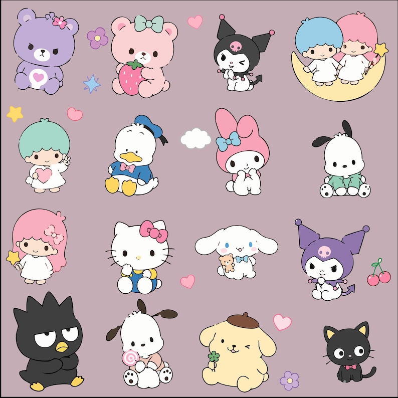 Puede incluir: Ilustraciones de personajes de dibujos animados sobre un fondo lavanda. Los personajes incluyen osos, patos, gatos y otras figuras lindas. Cada personaje est&aacute; dibujado con contornos audaces y colores brillantes, con corazones y estrellas esparcidos.