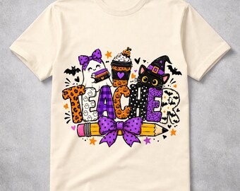 Halloween Teacher PNG Coquette Bow Spooky Doodle Sublimation Shirt Design