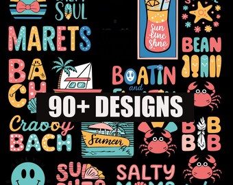 90+ Preppy Summer PNG Designs Bundle, Retro Beach Vibes (Digital Download)