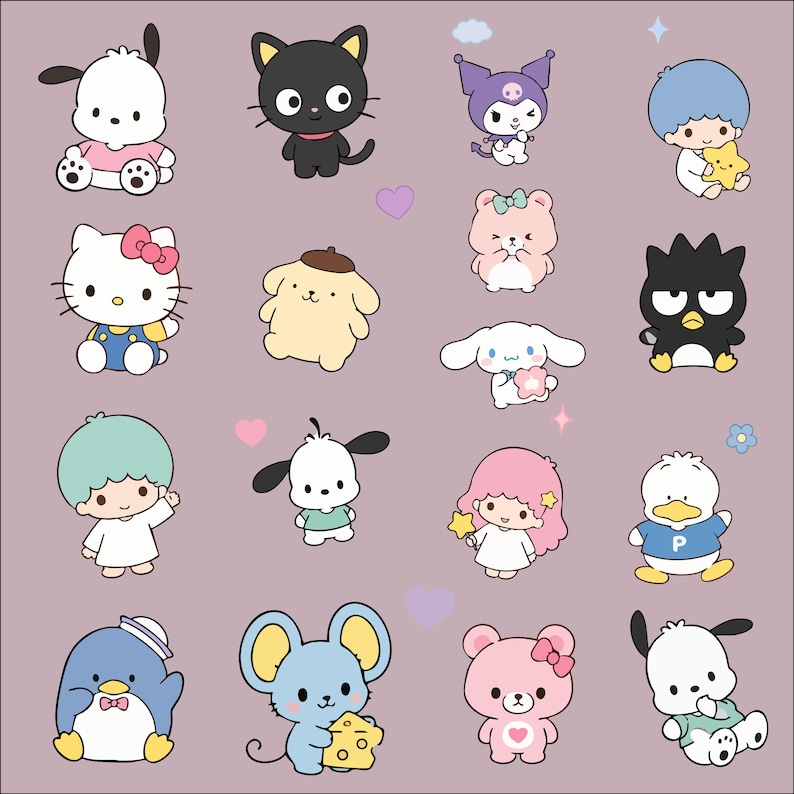 Puede incluir: Una colecci&oacute;n de personajes de dibujos animados coloridos, incluyendo un gato negro, un perro blanco y un oso rosa, est&aacute;n dispuestos sobre un fondo morado claro. Cada personaje tiene un dise&ntilde;o y una expresi&oacute;n &uacute;nicos. La imagen est&aacute; llena de corazones, estrellas y otros elementos decorativos.