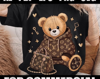Luxury Teddy Bear PNG, Trendy Luxury Streetwear Fashion Design, gift, Designer Monogram, Urban Graffiti