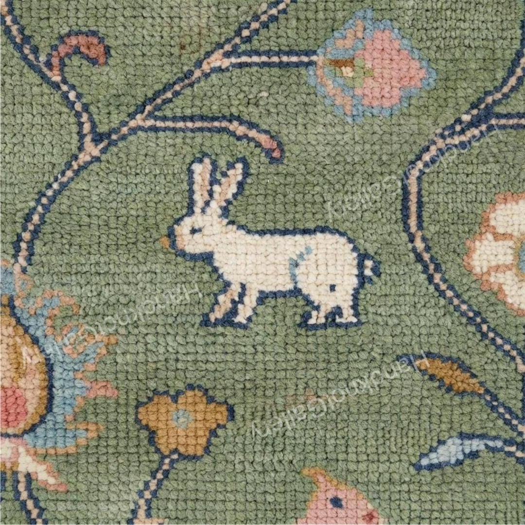 Hand Knotted Animal Rug Sage Green Floral Folk Art Botanica Wool Carpet ...