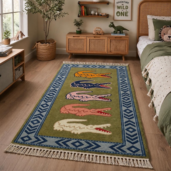 Handknotted Wool Crocodile Alligator Rug, Tribal Boho Kids Room Carpet