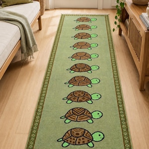Hand Knotted Wool Turtle Runner Rug, Green Animal Hallway Nursery Rug