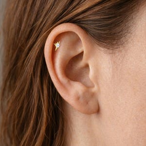 Può includere: Primo piano di un piercing all'orecchio color oro a forma di stella. Il piercing presenta una piccola gemma trasparente al centro. L'orecchio è visibile su uno sfondo di capelli castani e pelle.