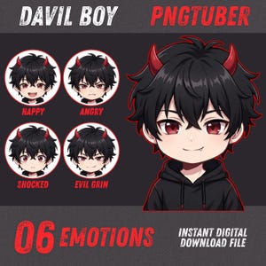 Black Hair Devil Boy PNGTuber, Anime Chibi PNGTuber Model, Premade PNGTuber for Twitch Streaming, Veadotube Reactive Avatar