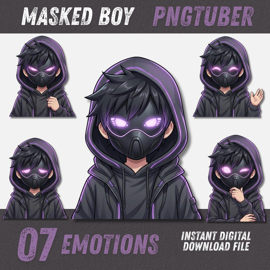 Mysterious Masked Boy Pngtuber, 7 Emotes Stream Avatar, Futuristic Dark ...