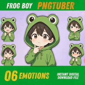 May include: Digital download file featuring a cartoon character in a green frog hoodie, showcasing six different emotions. The text "FROG BOY" and "PNGTUBER" are at the top, with "06 EMOTIONS" and "INSTANT DIGITAL DOWNLOAD FILE" at the bottom.