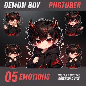 Demon Boy PNGTuber – Avatar di streaming con 5 emoticon – Felpa con cappuccio da diavolo chibi oscuro PNGTuber – VTuber animato e reattivo PNG per Twitch, YouTube