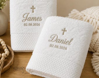 Personalized Baptism Towel, Custom Embroidered Name Date and Cross, Soft White Bath or Hand Towel, Baby Christening Gift, Church Keepsake