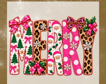 Pink Merry Christmas DTF Transfer, Leopard Bow Santa Claus Ready To Press, Faux Embroidery Christmas Heat Transfer
