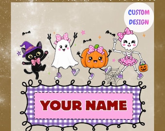 Personalized Halloween DTF Transfer, Cute Pink Ghost Skeleton Pumpkin Ready To Press, Kids Halloween Shirt Heat Transfer